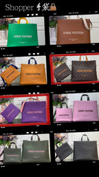 Assorted Louis Vuitton shopping bags and pouches in green, orange, purple, and brown