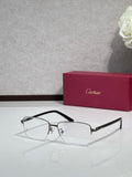 Cartier eyeglasses with black frame and clear lenses, thin metal arms