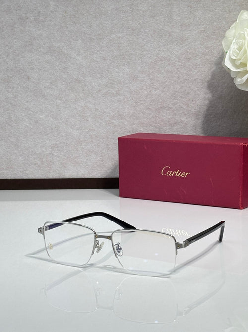 Cartier eyeglasses with black frame and clear lenses, side temple profile