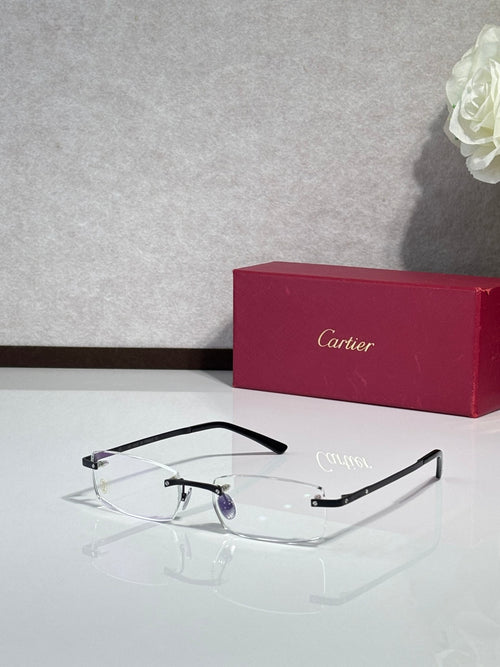 Cartier eyeglasses with black rectangular frame and clear lenses