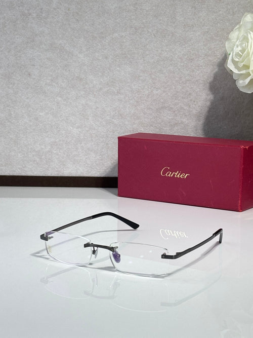 Cartier eyeglasses with black rectangular frame and clear lenses, slight purple detail