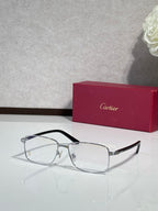 Gunmetal rectangular eyeglasses with clear lenses and metal bridge