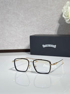 Gold-toned rectangular eyeglasses with clear lenses and thin metal arms.