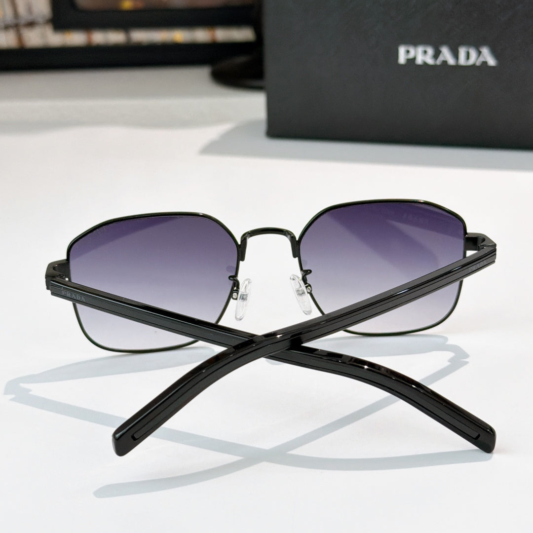 Sunglasses with purple tinted lenses, black frame, shown from the front.