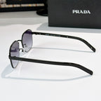 Sunglasses side view with dark purple tinted lenses and black full-rim frame.