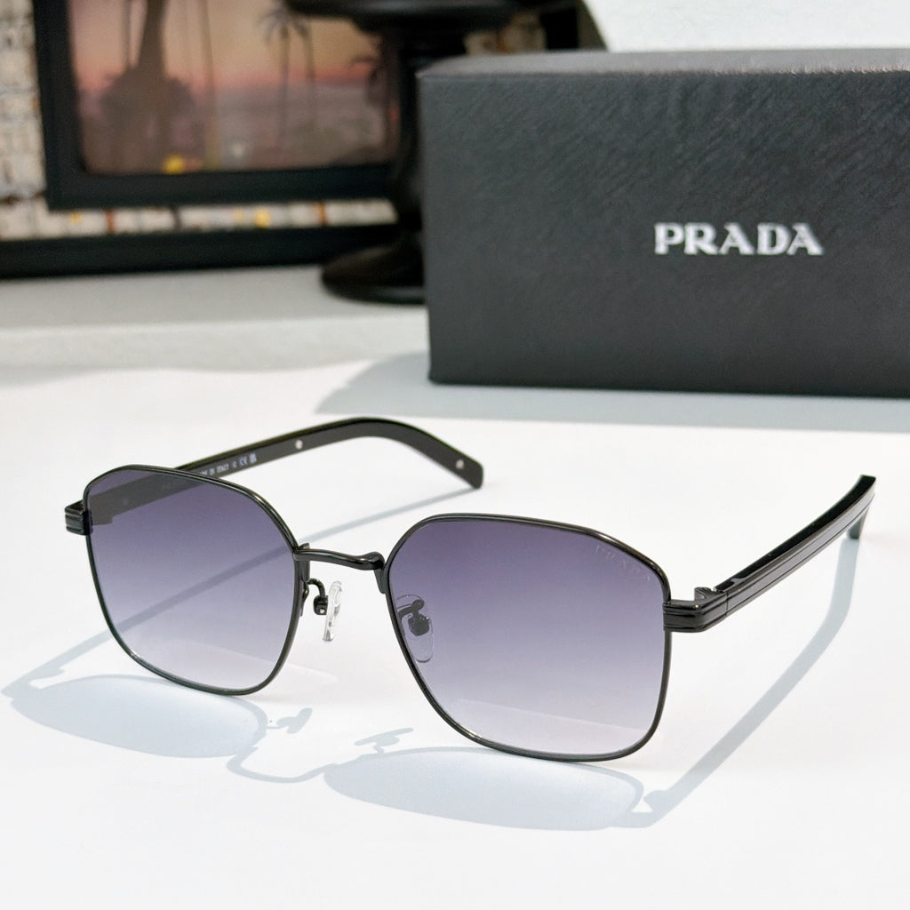 Sunglasses with dark purple tinted lenses, black frame, and glossy temple arms.