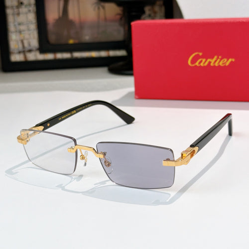 Cartier eyeglasses with black frame and gold accents, rectangular clear lenses