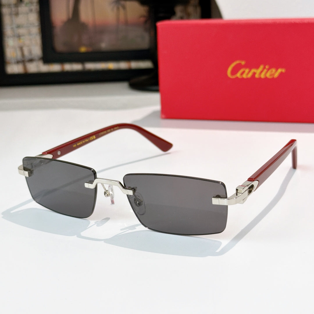 Cartier eyeglasses with dark frame, red temple arms, and gold details, rectangular dark lenses