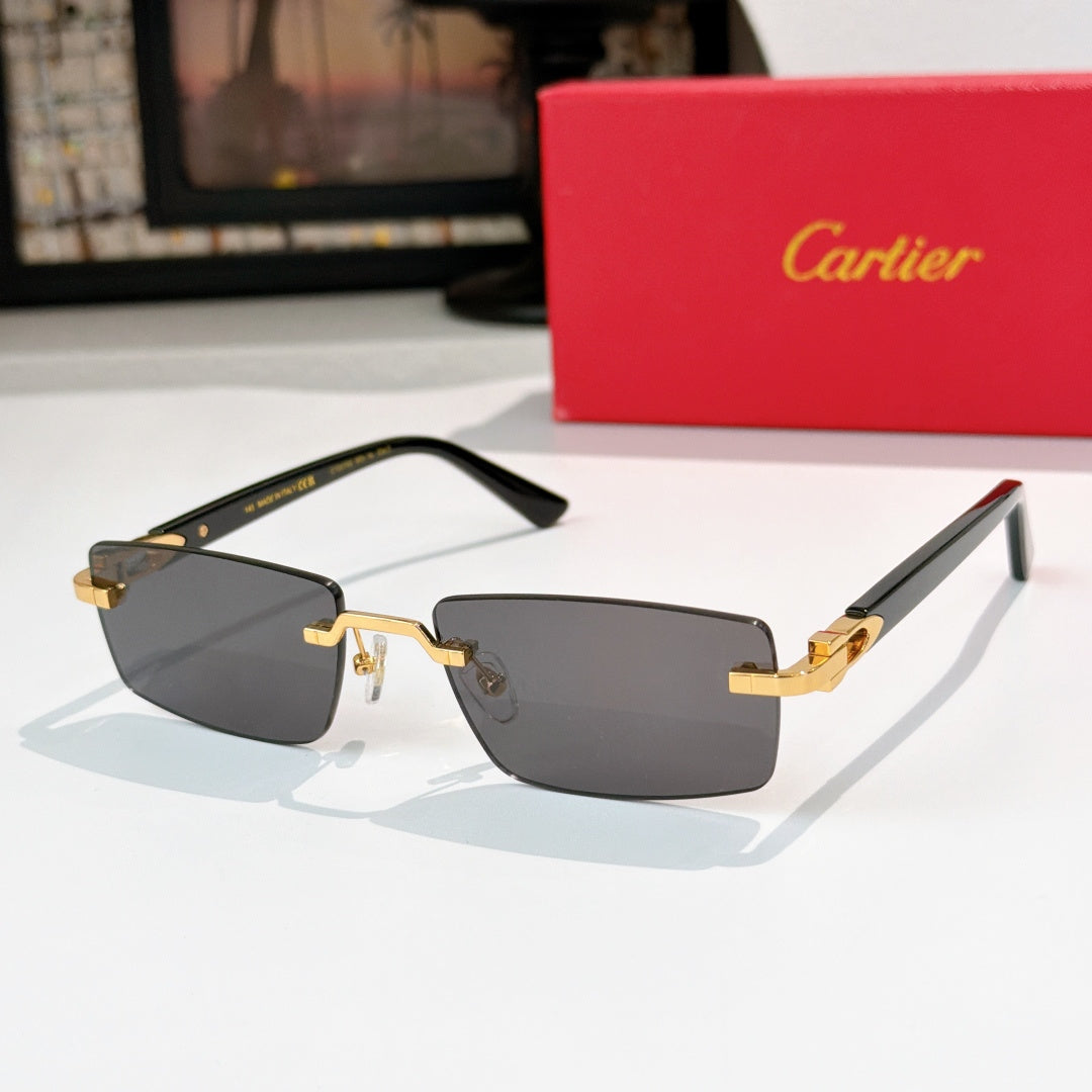 Cartier eyeglasses with dark frame and gold detailing, rectangular dark lenses