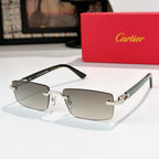 Cartier eyeglasses with dark frame and gold hinges, rectangular smoke-tinted lenses