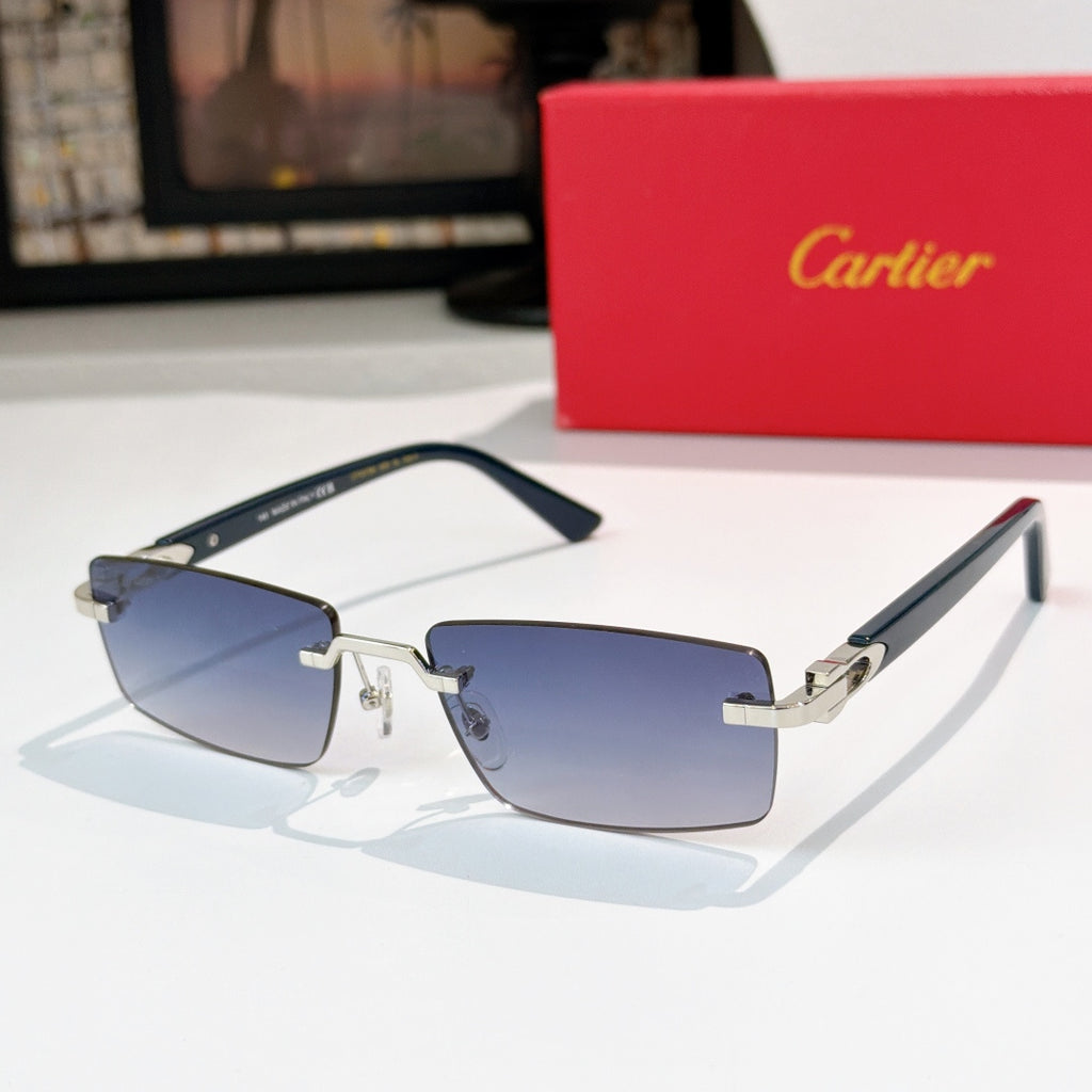 Cartier eyeglasses with dark frame and gold accents, rectangular blue-tinted lenses