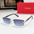 Cartier eyeglasses with dark frame and gold accents, rectangular blue-tinted lenses