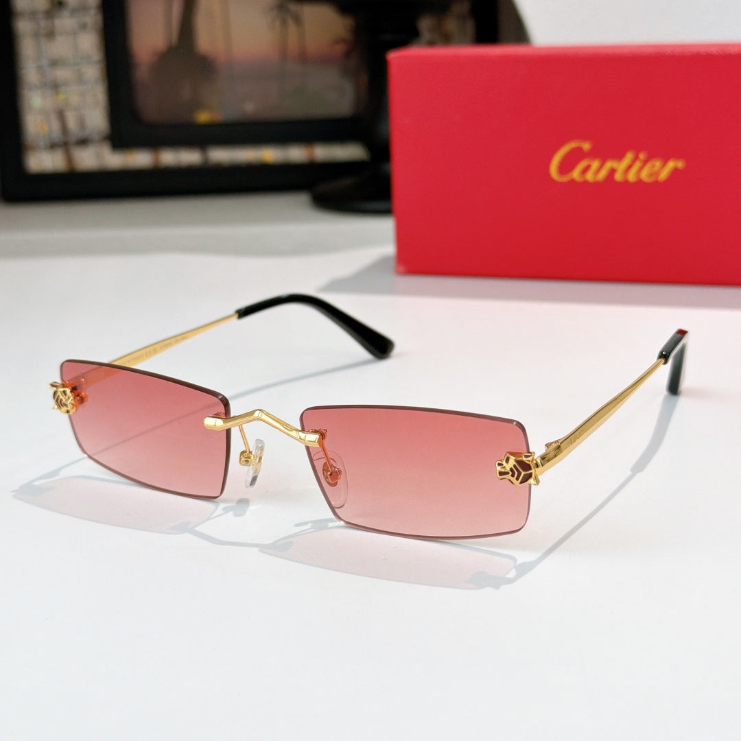 Cartier glasses with gold frame, pink tinted lenses, black temples, rectangular silhouette.