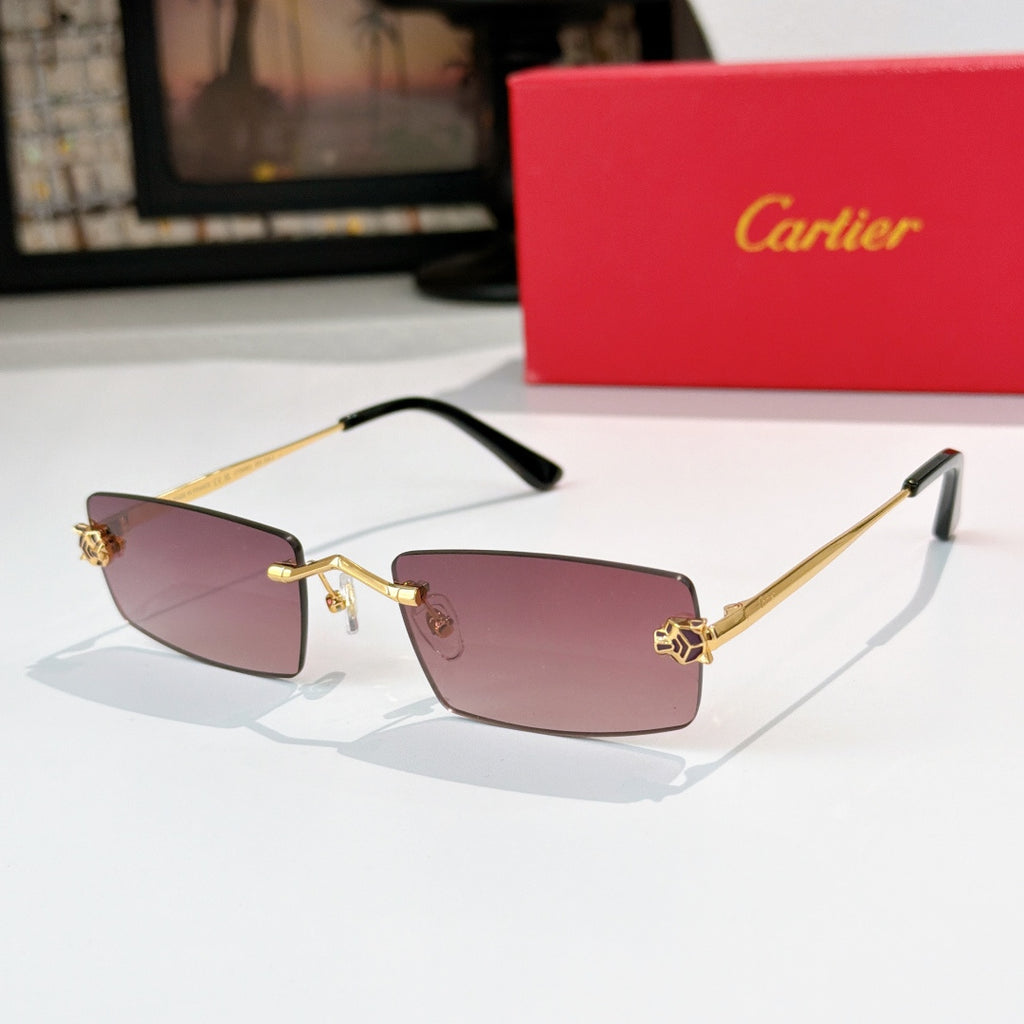 Cartier glasses with gold frame, mauve tinted lenses, black temples, rectangular silhouette.