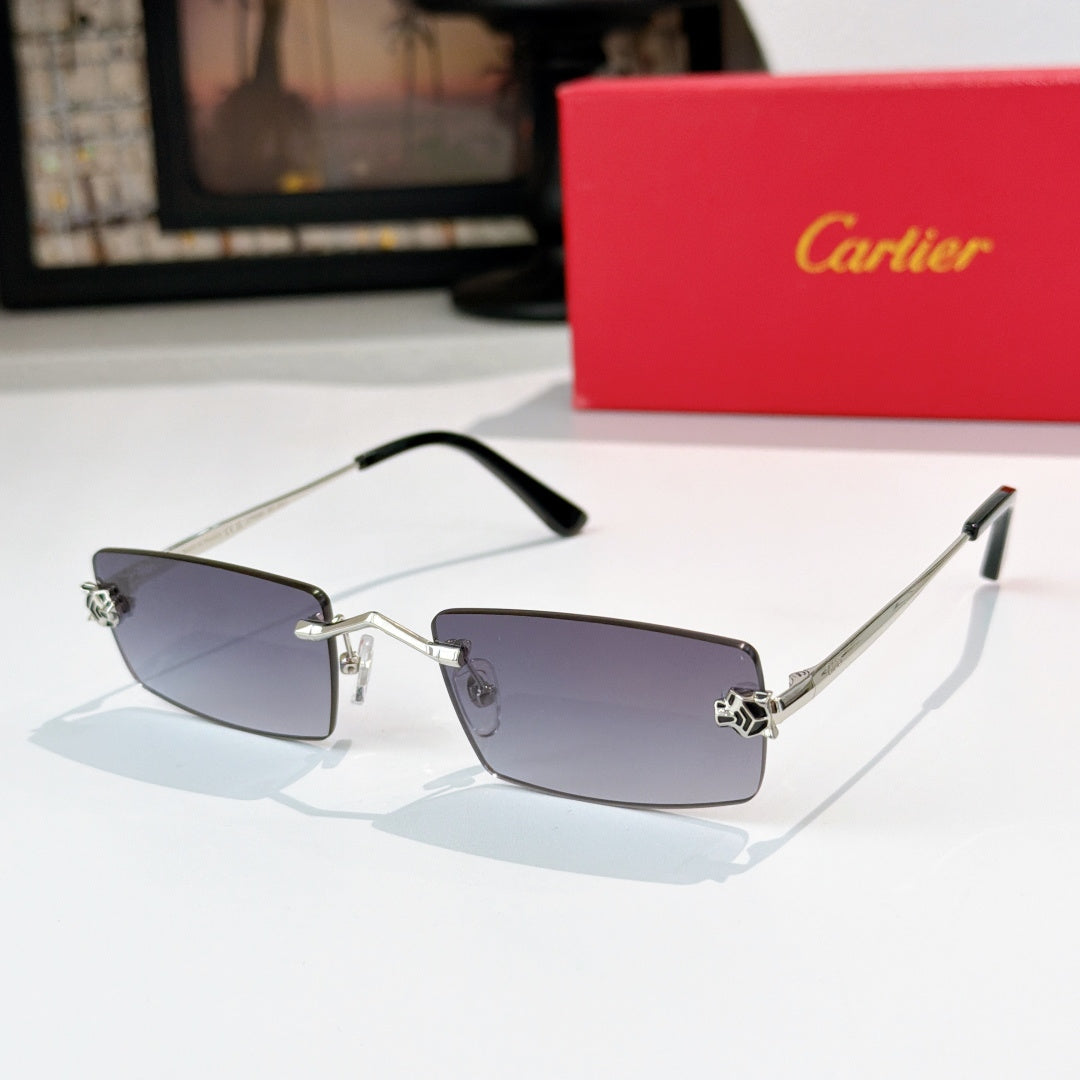Cartier glasses with silver frame, dark purple tinted lenses, black temples, rectangular.