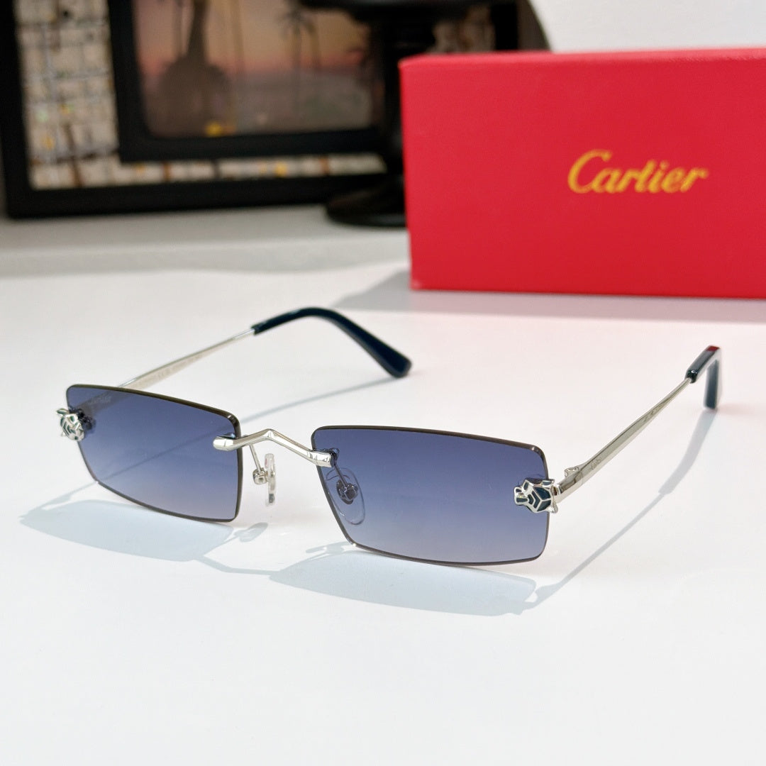 Cartier glasses with silver frame, blue tinted lenses, black temples, rectangular shape.