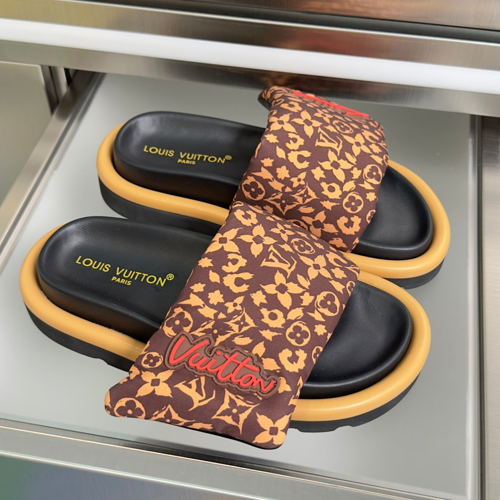 Louis Vuitton sandals set: two brown monogram slides with black footbeds and tan soles