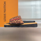 Louis Vuitton sandals, brown monogram slide with red 'Vuitton' detail and tan sole