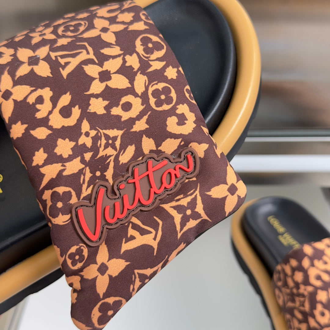 Louis Vuitton sandal strap: brown monogram fabric with red 'Vuitton' lettering