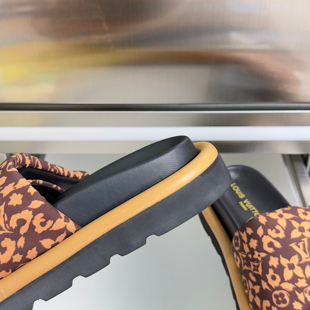Louis Vuitton sandals: black wide sole with tan edge and brown monogram strap