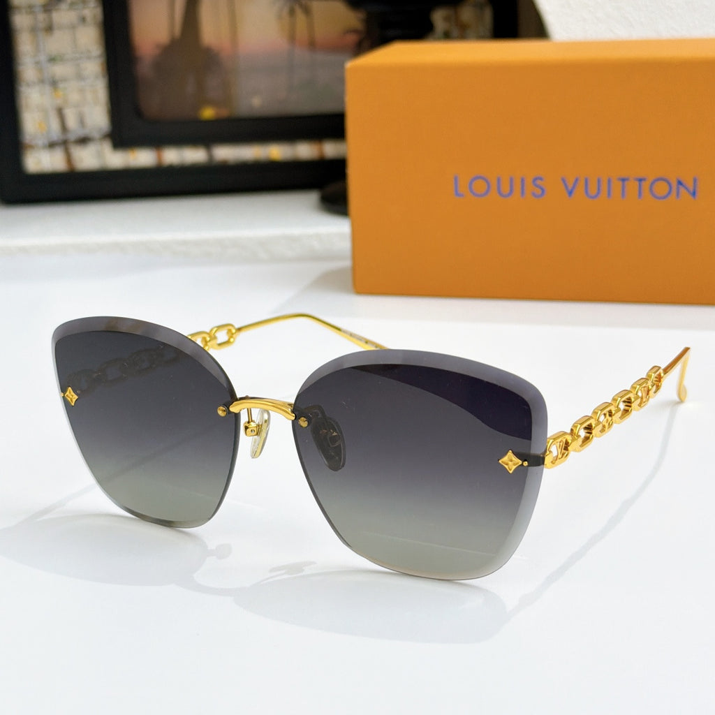 Louis Vuitton cat-eye sunglasses with dark lenses and gold chain strap detail