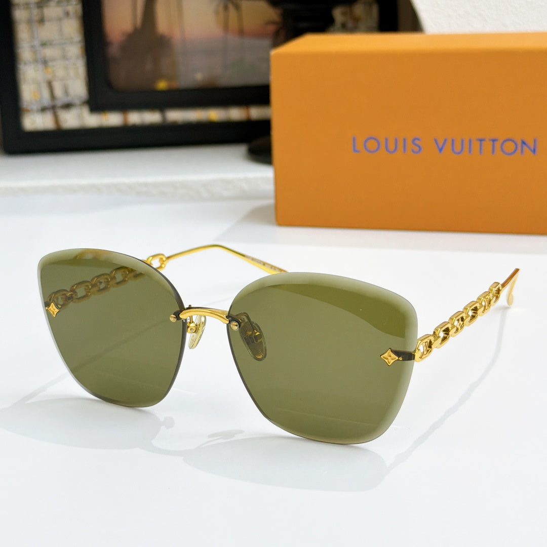 Louis Vuitton cat-eye sunglasses with olive gradient lenses and gold chain strap