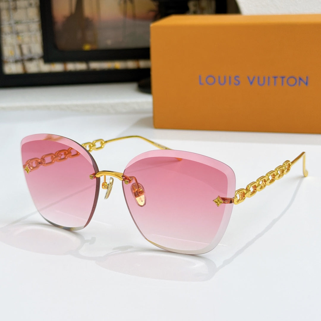 Louis Vuitton cat-eye sunglasses with pink gradient lenses and gold chain strap