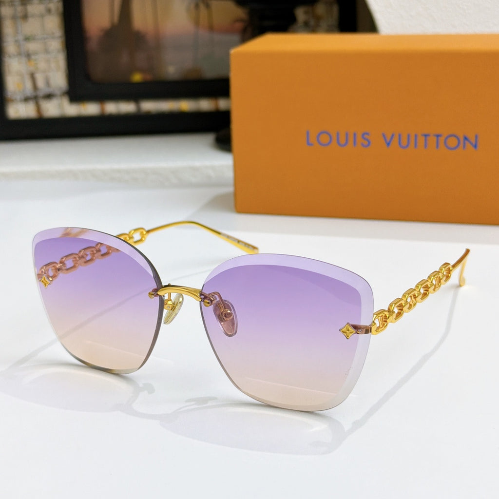 Louis Vuitton cat-eye sunglasses with purple gradient lenses and gold chain strap