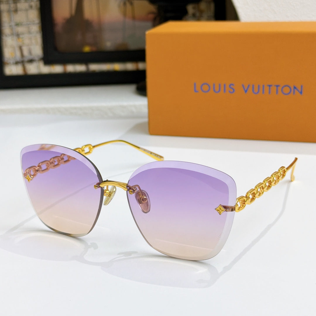 Louis Vuitton cat-eye sunglasses with purple gradient lenses and gold chain strap