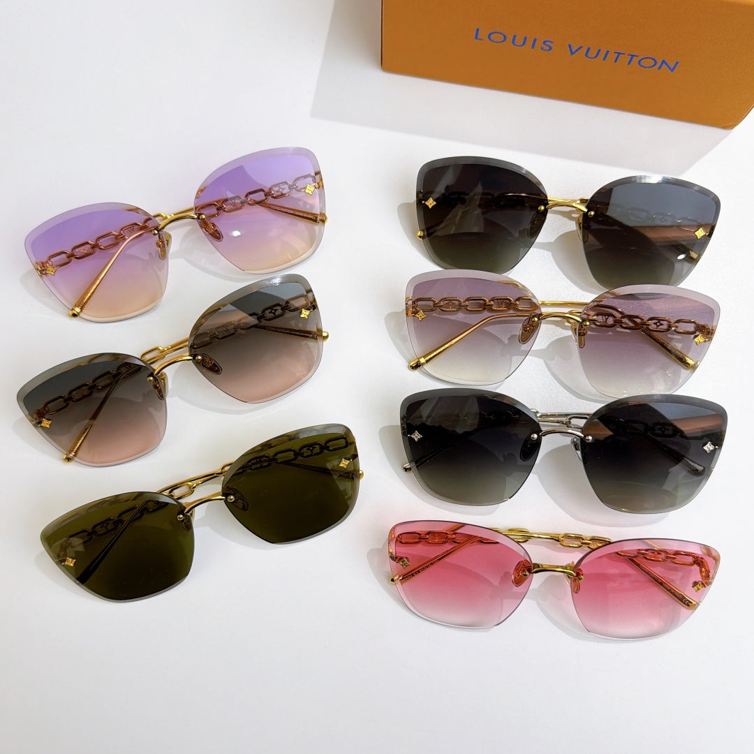Louis Vuitton sunglasses assortment with tinted lenses and gold chain strap frames