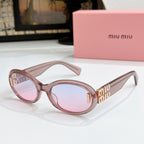Pink oval sunglasses with rose-tinted lenses and gold logo on temples