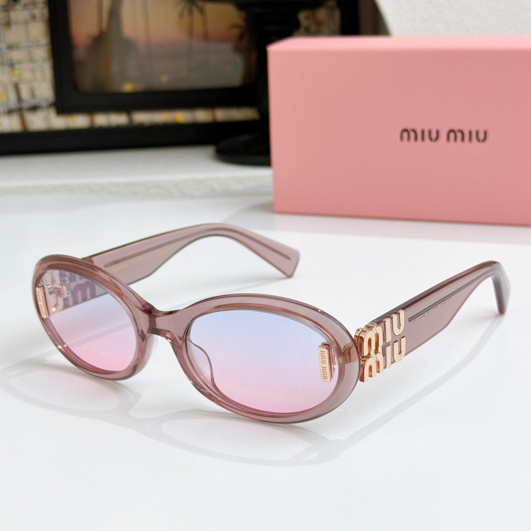 Pink oval sunglasses with rose-tinted lenses and gold logo on temples