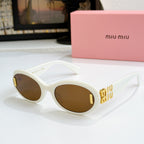 White oval sunglasses with brown lenses and gold logo on temples