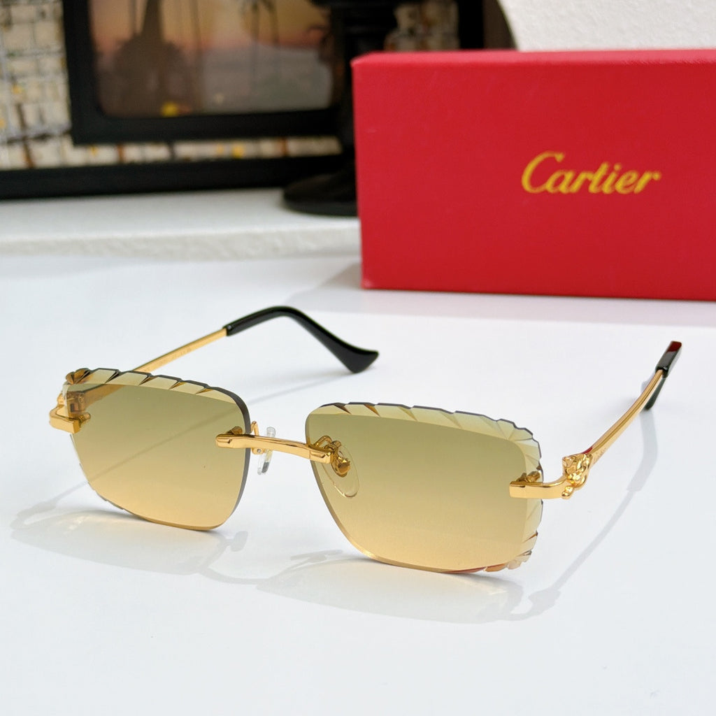 Cartier glasses with gold frames and warm yellow gradient lenses, metal temples