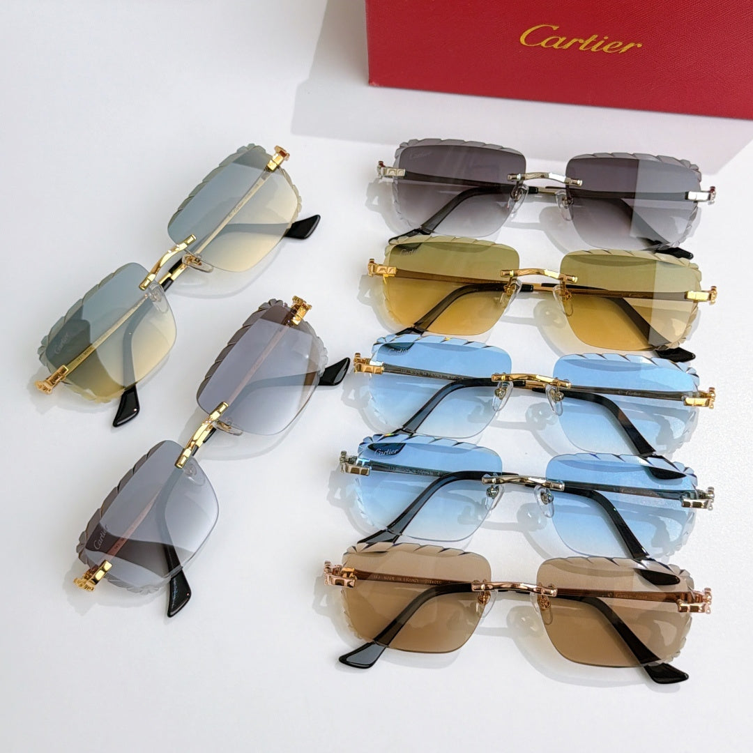 Cartier glasses set showing multiple pairs with various tinted lenses and frames