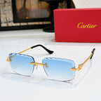 Cartier glasses with gold frames and light blue gradient lenses, black temples