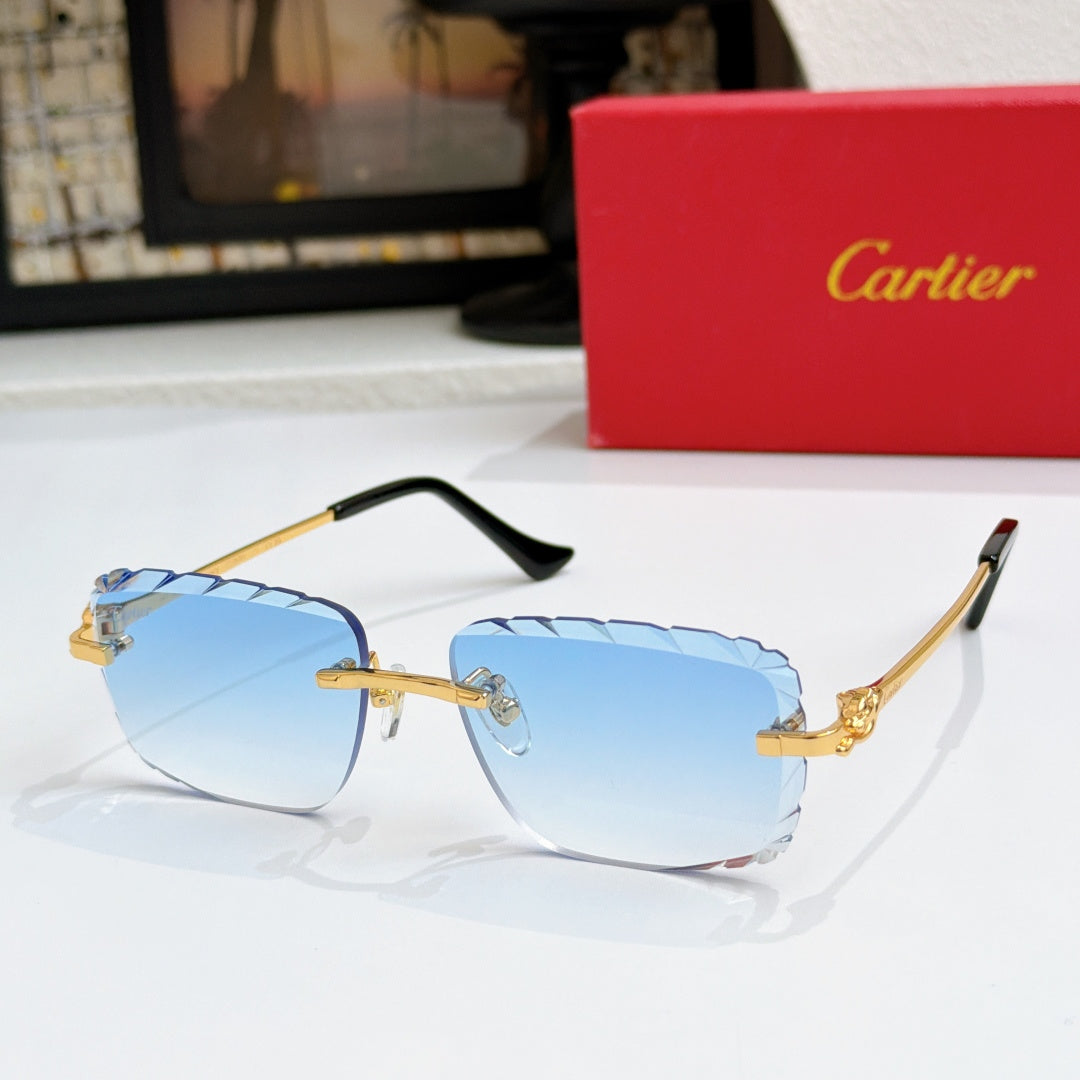 Cartier glasses with gold frames and light blue gradient lenses, black temples