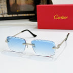 Cartier glasses with gold frames and light blue gradient lenses, curved black arms