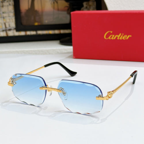 Octagonal tinted sunglasses with gold frames and blue lenses, black temple tips.