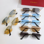 Multiple octagonal tinted sunglasses laid out, mixed lens colors and gold frames.