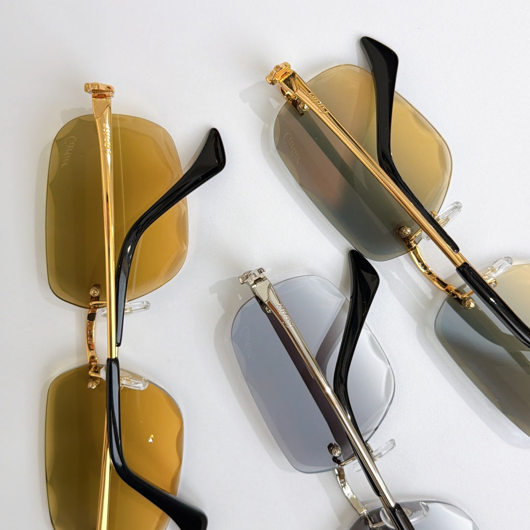 Assorted octagonal tinted sunglasses with gold frames and black temple details.