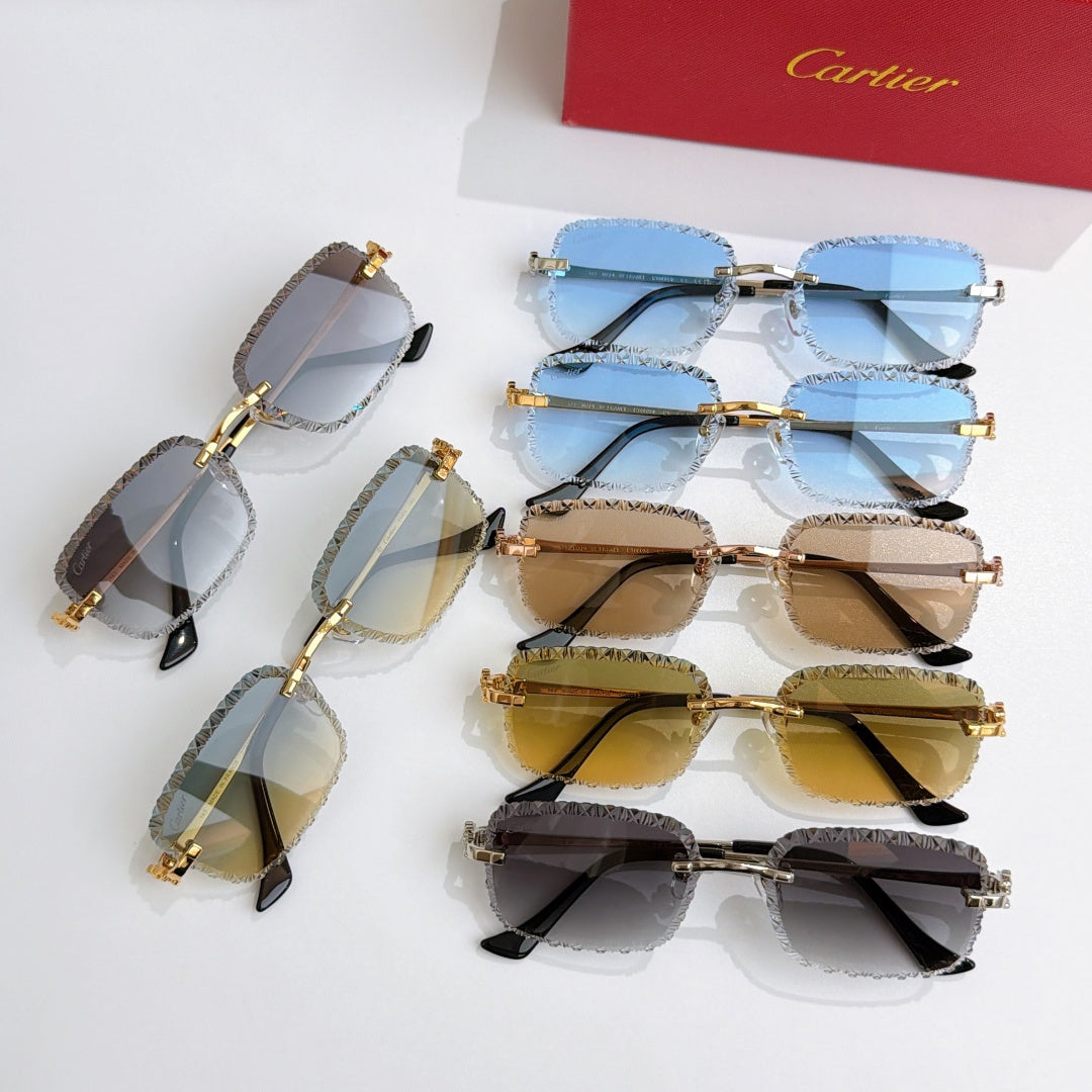 Multiple pairs of gold sunglasses with tinted lenses and black temples