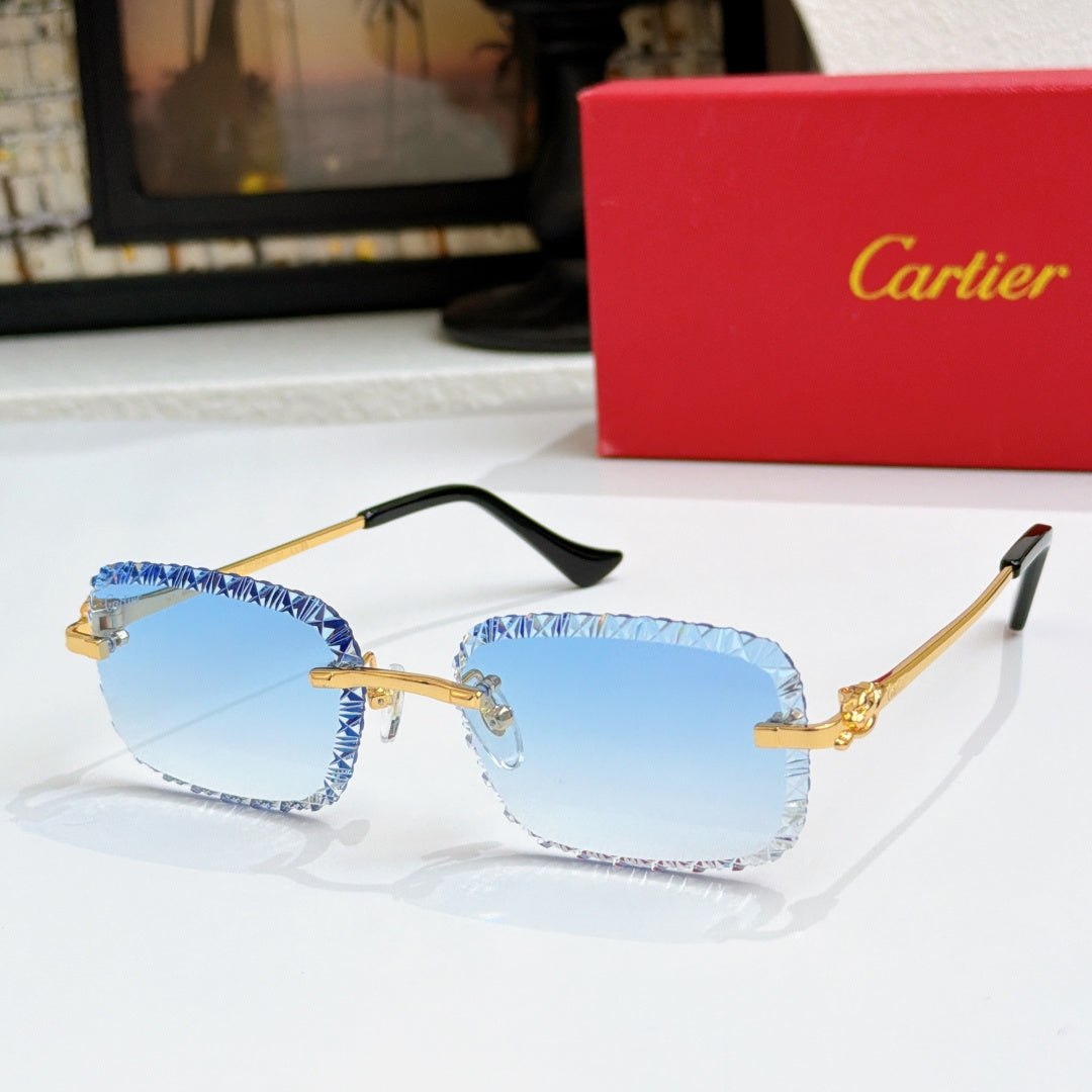 Gold metal sunglasses with light blue lenses and black temples