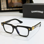 Black frame chrome eyeglasses with gold-tone arms and fleur-de-lis hinge detail