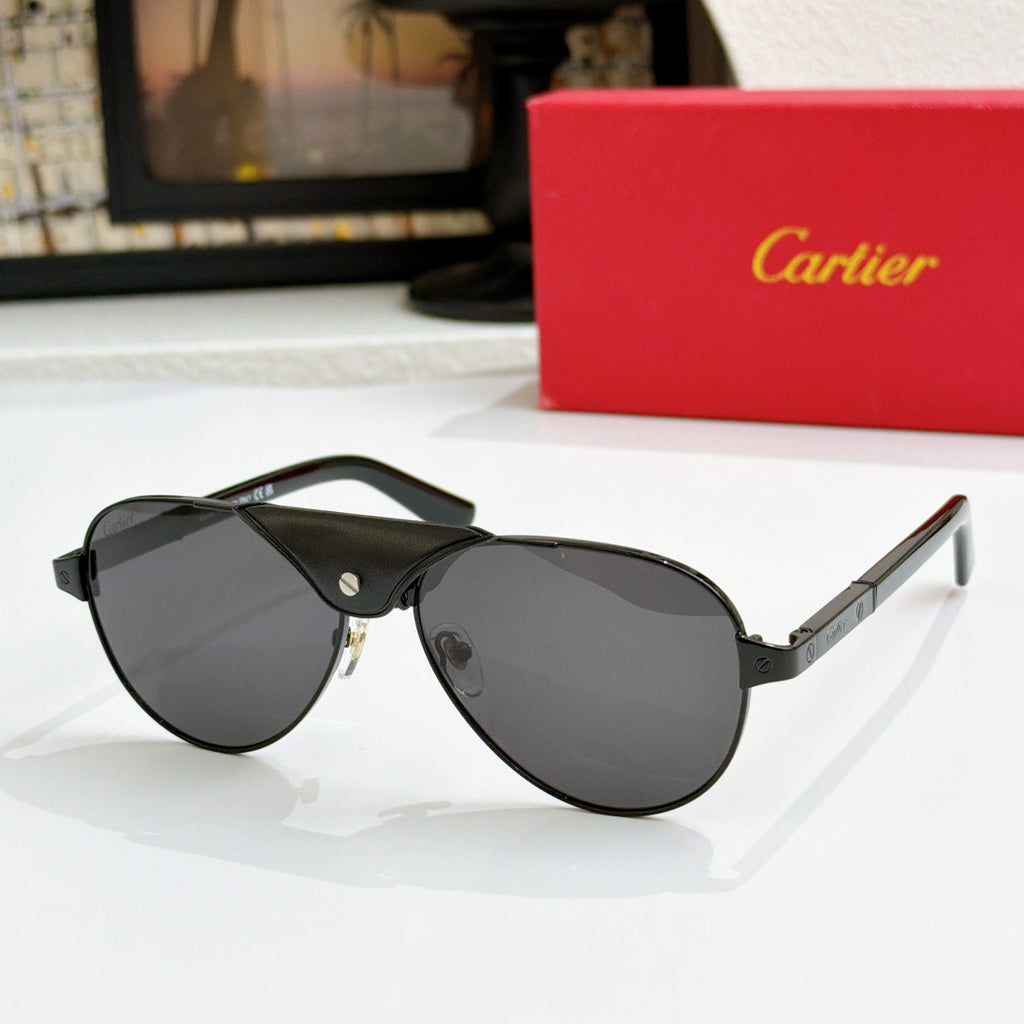 Cartier pilot sunglasses with black frames and dark lenses, silver-tone accents