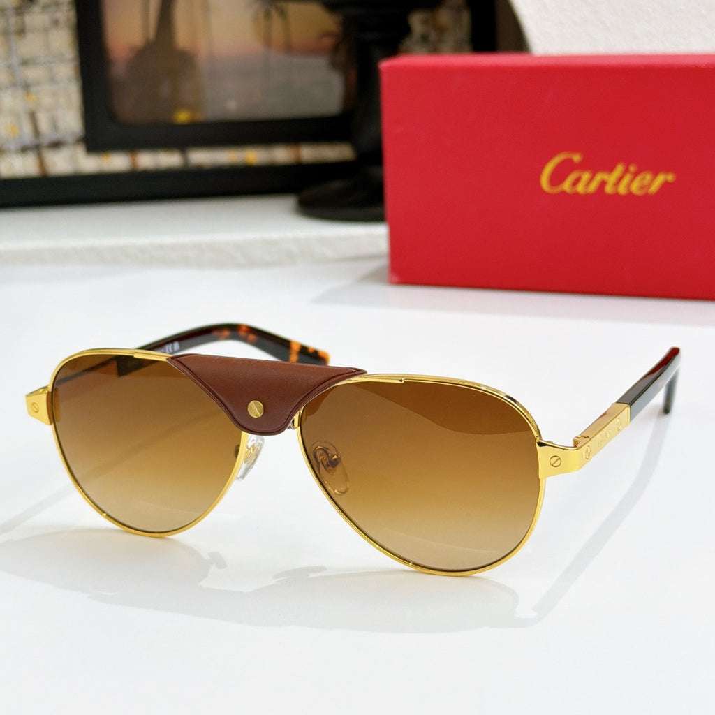 Cartier pilot sunglasses with gold frames, brown lenses, tortoise temple