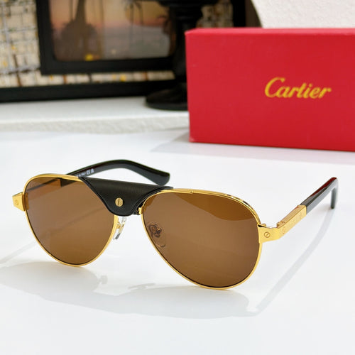 Cartier pilot sunglasses with gold frames and brown lenses, black accent