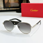 Cartier pilot sunglasses with black frames and light gray lenses, gold-tone rim