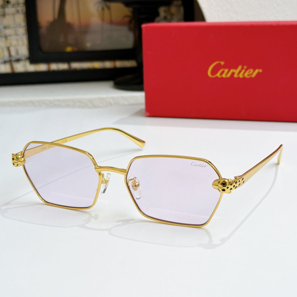 Cartier eyeglasses with gold square frames and clear lenses, front view