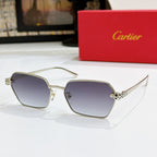 Cartier sunglasses with gold square frames and dark gray lenses, angled view